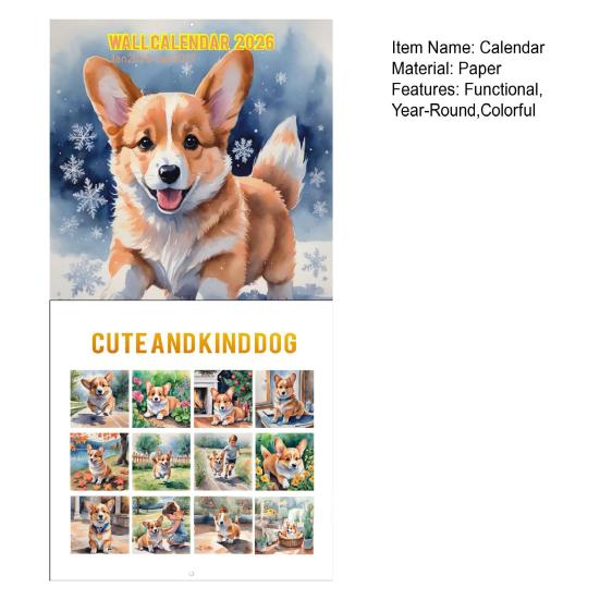 2026 Sněhový den Corgi Nástěnný kalendář 12měsíční kalendář s tématikou psa Corgi z tlustého papíru pro dekoraci domácí kanceláře, domácí dekorace, nástroj pro řízení času