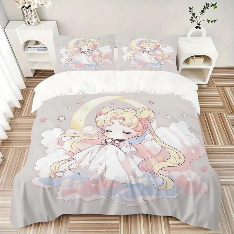 3pcs Sailor Moon Anime Bedding Set, Including 1 Quilt Cover and 2 Pillow Shams, Without Filling, Soft and Comfortable Home Bedroom Fabric, F