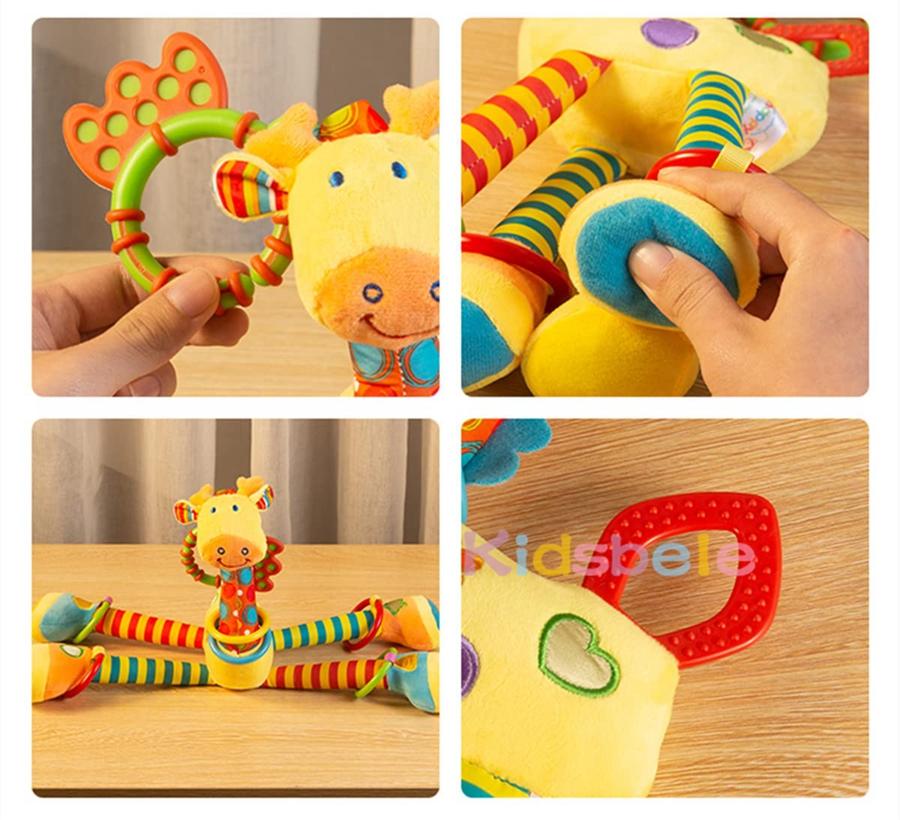 Colorful Giraffe Hanging Plush Toy For Baby Car Seat – Soft Rattle With Rings, Sensory Development Gift
