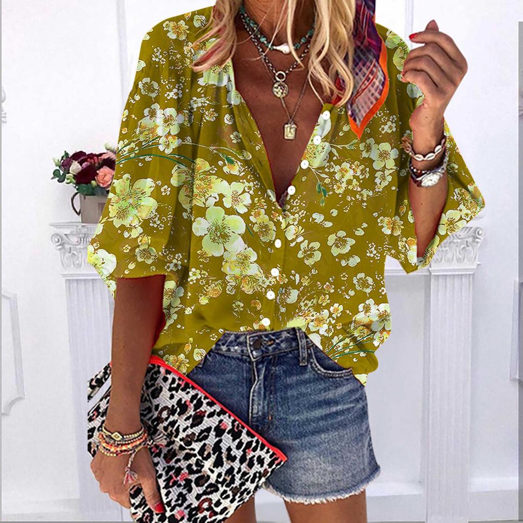 2023 Summer Autumn New Fashion Women's Tops Orange Plum Printed Half Sleeve Casual Plus Size Button-down Shirt with Bubble Sleeves
