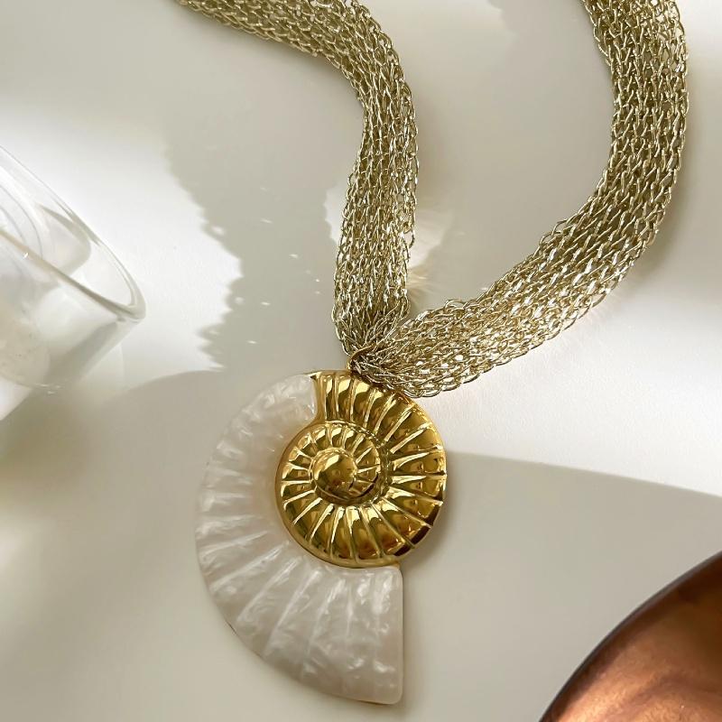 

Ожерелье из нержавеющей стали с преувеличенной подвеской в виде раковины, листа и солнца из белой смолы для женщин, модная цепочка-пояс из вязаной сетки