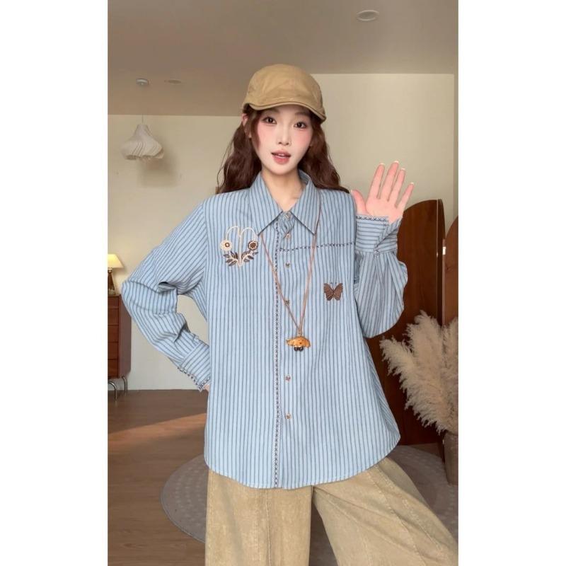 

Women s Blue Striped Floral Embroidery Turn-Down Collar Long Sleeve Loose Fit Casual Blouse S синий