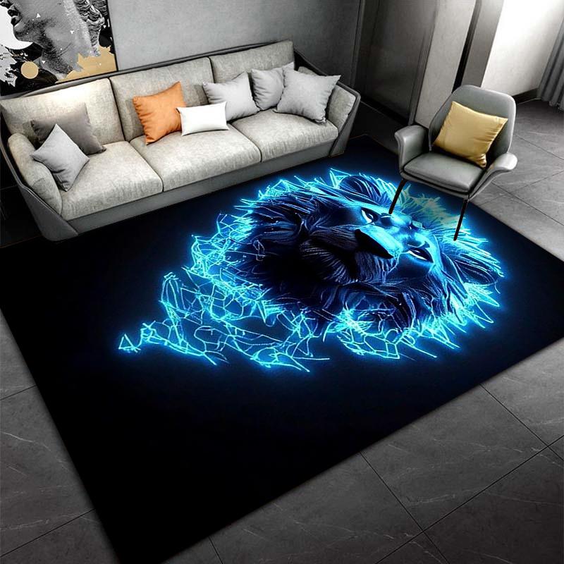 "Black Carpet with Neon Blue Glowing Lion Head Design for Home Decor" Suitable for use as an anti-slip for living room bedroom sofas