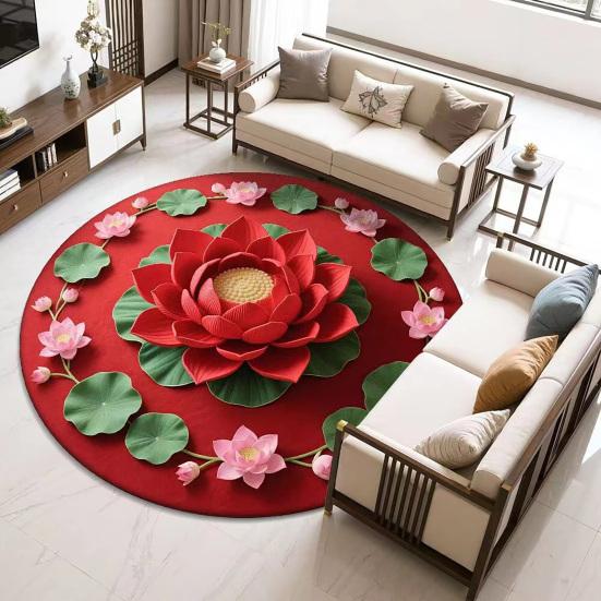 Lotus Flower Floor Mat Round Living Room Rug Lotus Pattern Carpet with Non-Slip Backing for Home Office Bedroom Kitchen