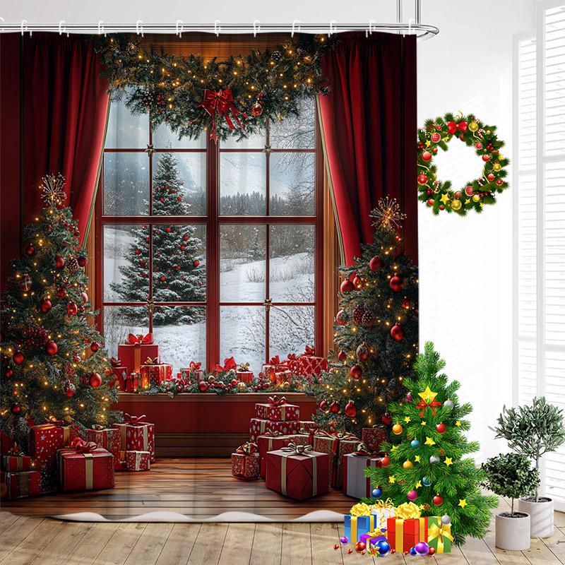 Red Christmas Shower Curtain Xmas Trees Gift Window Winter Forest Scenery New Year Home Wall Hanging Bathroom Decor With Hooks