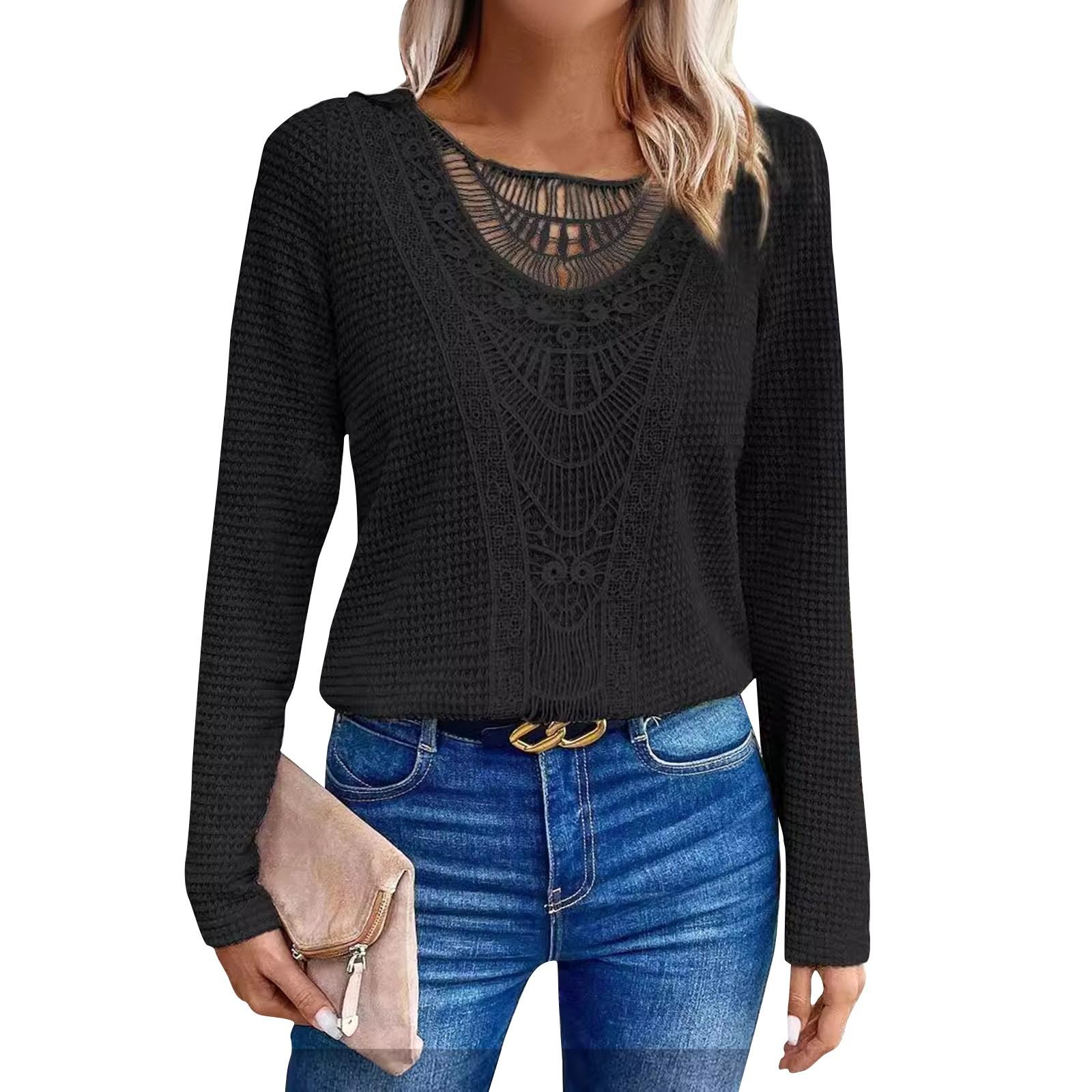 

Осінній однотонний мереживний печворк з мереживом круглий виріз жіноча футболка з довгим рукавом для жінок M чорний