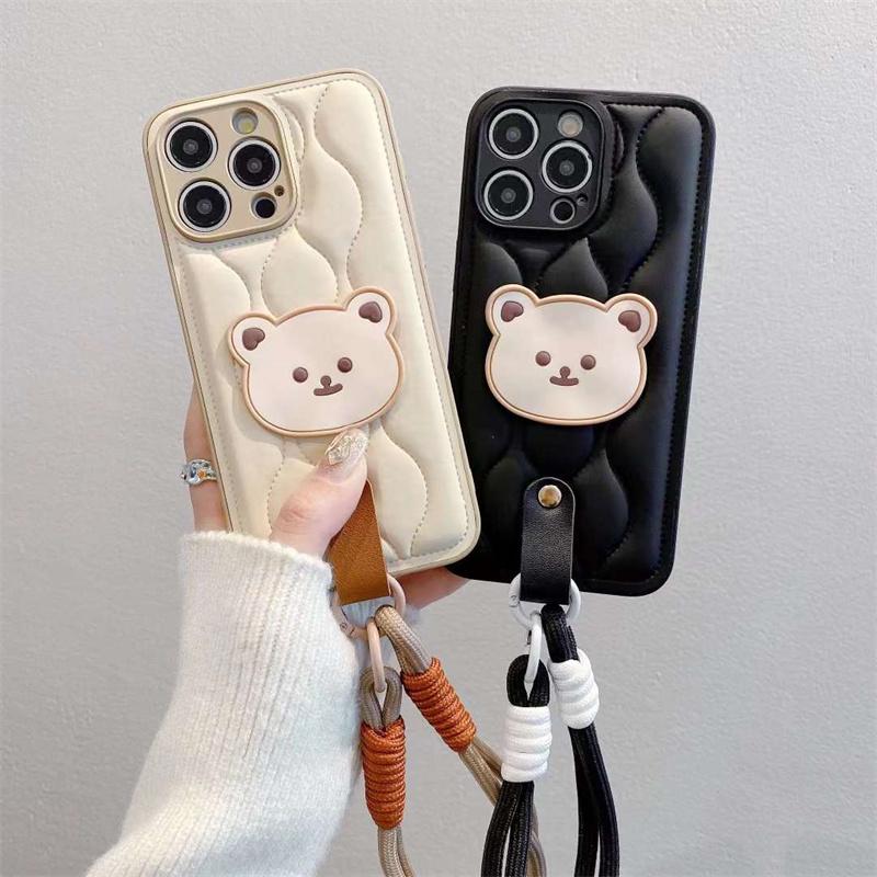 Cute Bear Wristband Lanyard Down Jacket Phone Case For iPhone 15 14 13 12 11 Pro Max Korea Soft Cover