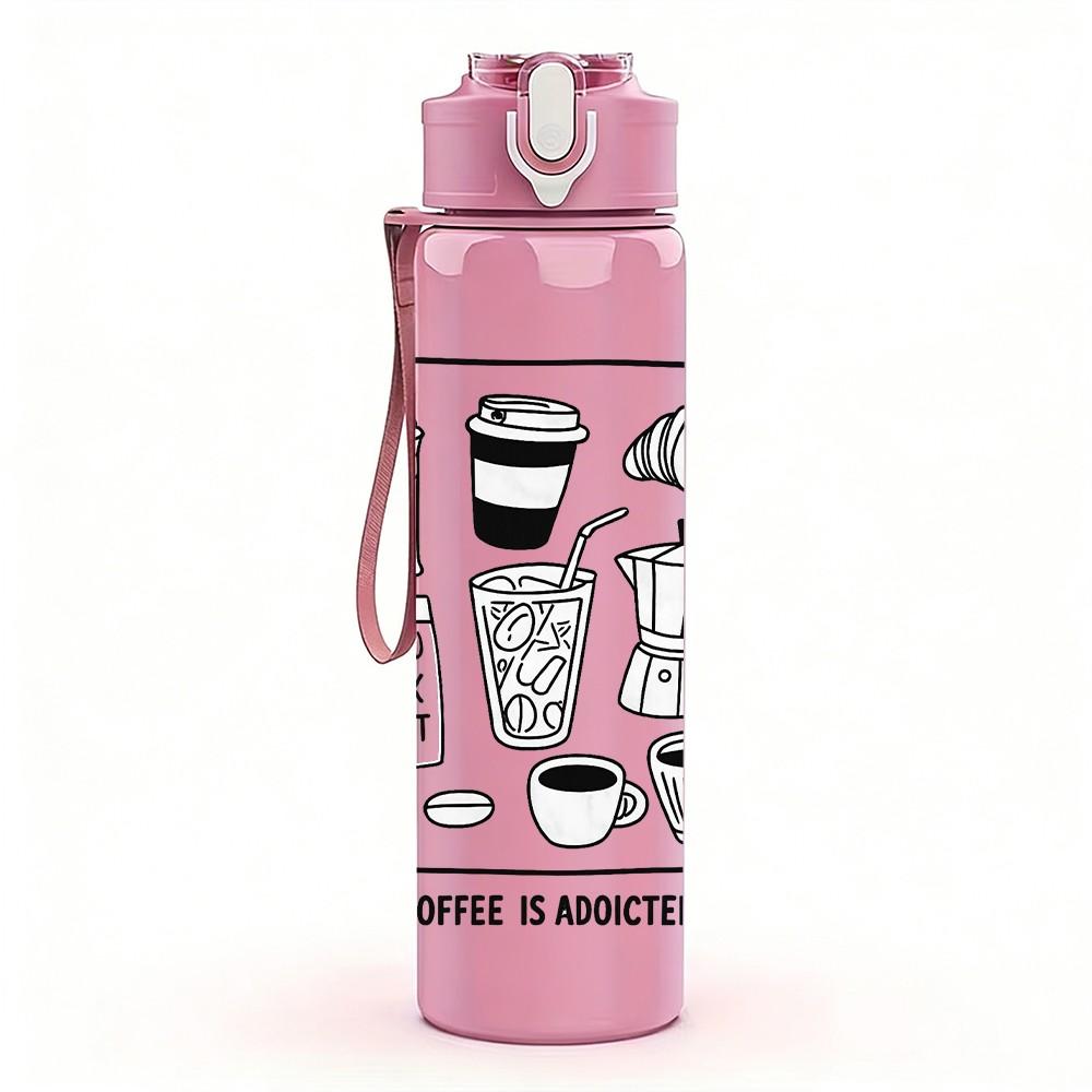 1PC Coffee Equipment Line Sketch Print 750ml Color Plastic Sports Water Bottle Leakproof Flip Straw Lid Suitable for Sports Office Home Use