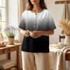 Women’s Fashion Printed Henley Button Neck Short Sleeve Cotton Linen Shirt with Chest Pocket Gradient Design Loose Fit Top