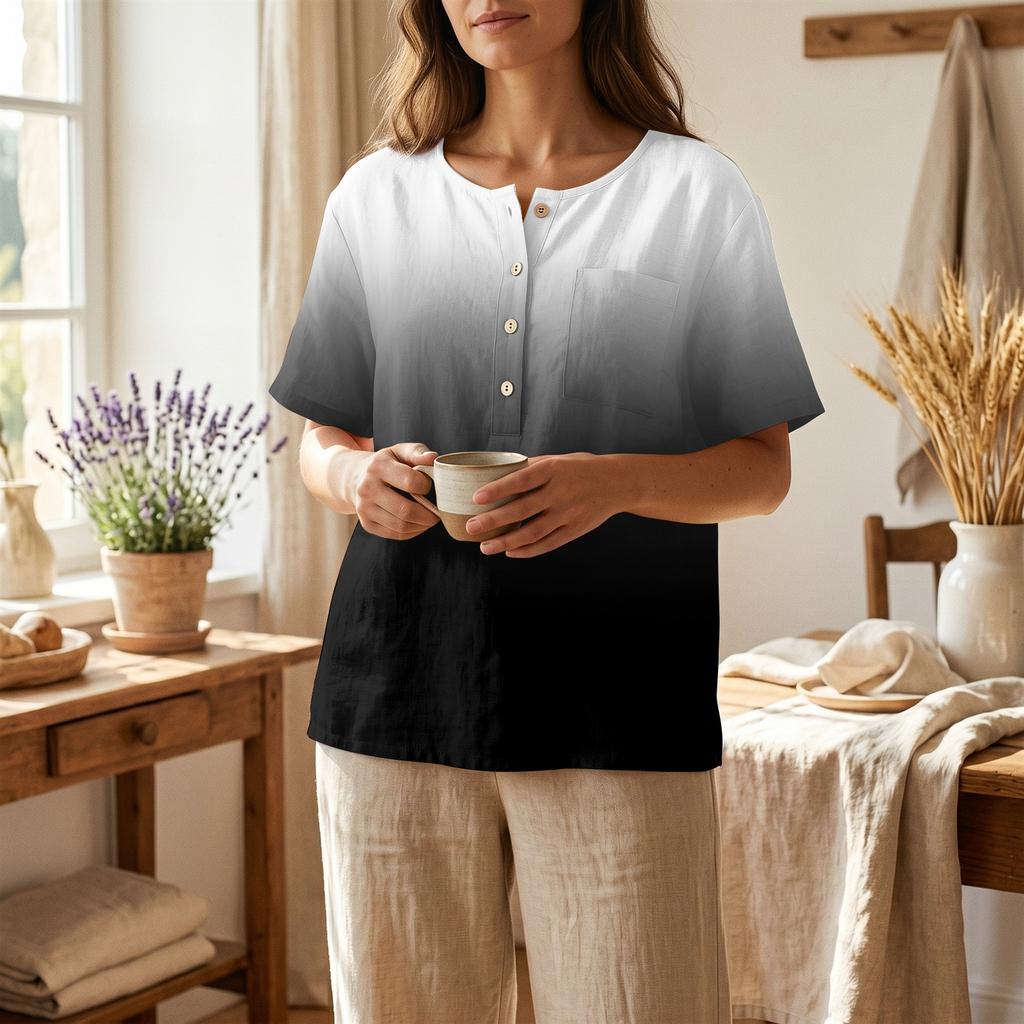 Women’s Fashion Printed Henley Button Neck Short Sleeve Cotton Linen Shirt with Chest Pocket Gradient Design Loose Fit Top