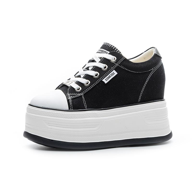 

New 12cm Denim Cow Genuine Leather Platform Wedge Shoes Chunky Sneaker Casual Comfy High Brand Rhinestone Spring Autumn Shoes 39 чёрный