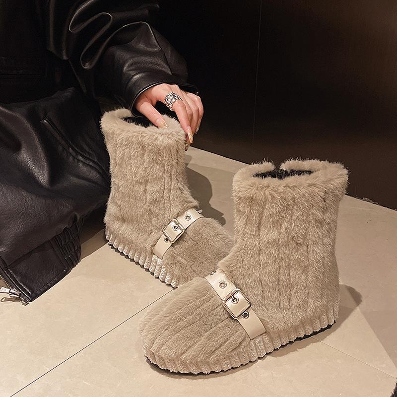 

Модные мохнатые зимние теплые сапоги на толстой подошве с боковой молнией, повседневные короткие сапоги с пряжкой на ремне, тренд 40 хаки