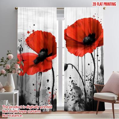 2pcs,2D Plane Printing Print Curtains Painted Poppies Versatile Fabric (without Rod) Versatile All for Bedroom & Living Room,