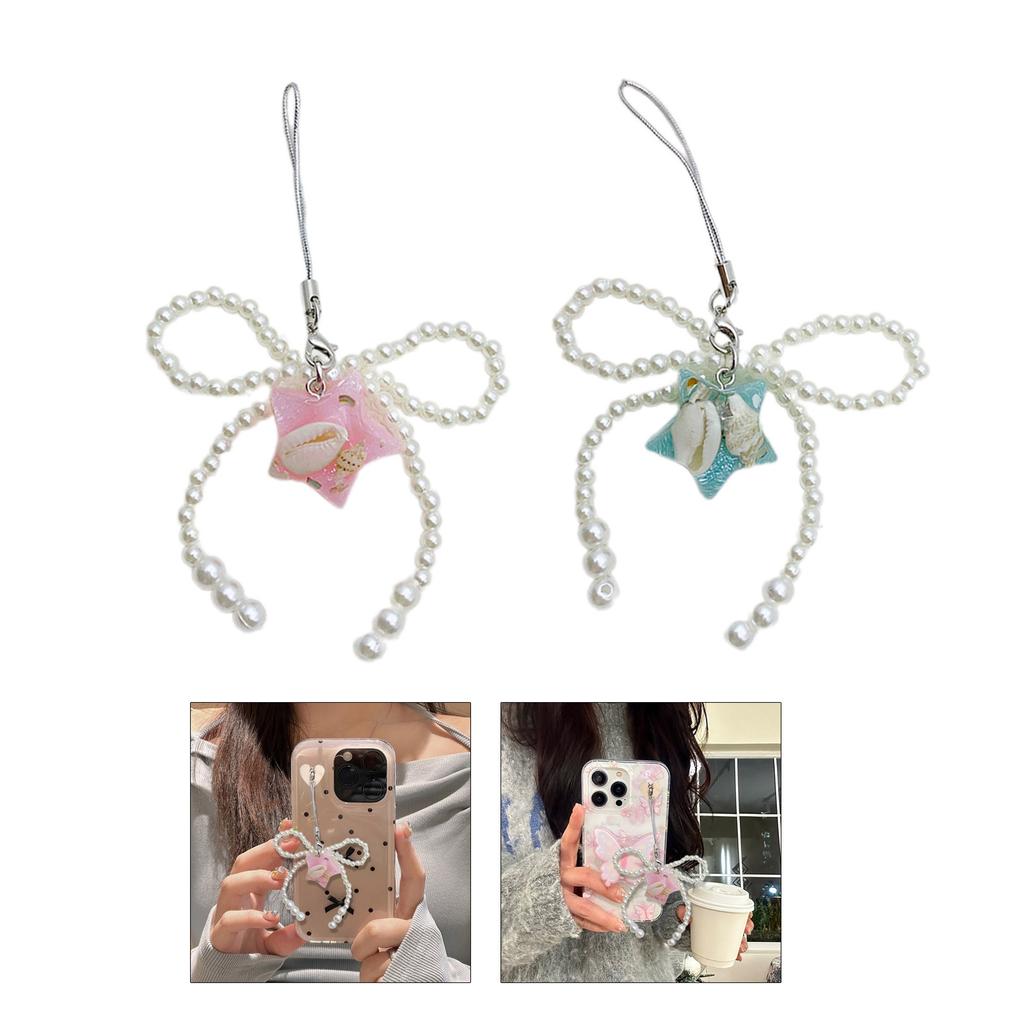 Pearl Bowknot Phone Chain Key Chain Elegant Star Phone Lanyard Straps Keychain Pendant for Handbag Purse Bag Backpack