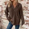Women's Fashion Long-Sleeved Drawstring Button-Up V-Neck Casual Fleece-Lined Solid-Colour Hooded Sweatshirt Top