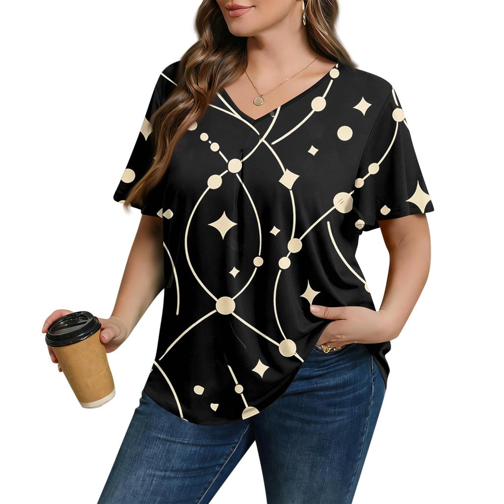 Women's Plus Size Fashionable Casual Loose-Fit Short Sleeve Elegant V Neck Blouse For Work