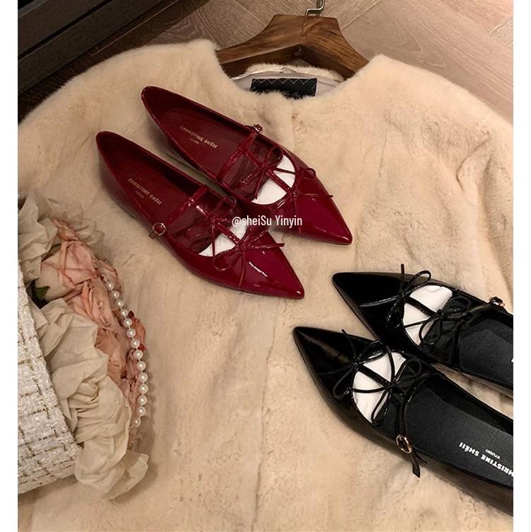 Su Yinyin-Style Hepburn Flat Mary Jane Shoes with Pointed Toe and Bow, Women's Genuine Leather Banquet Footwear.