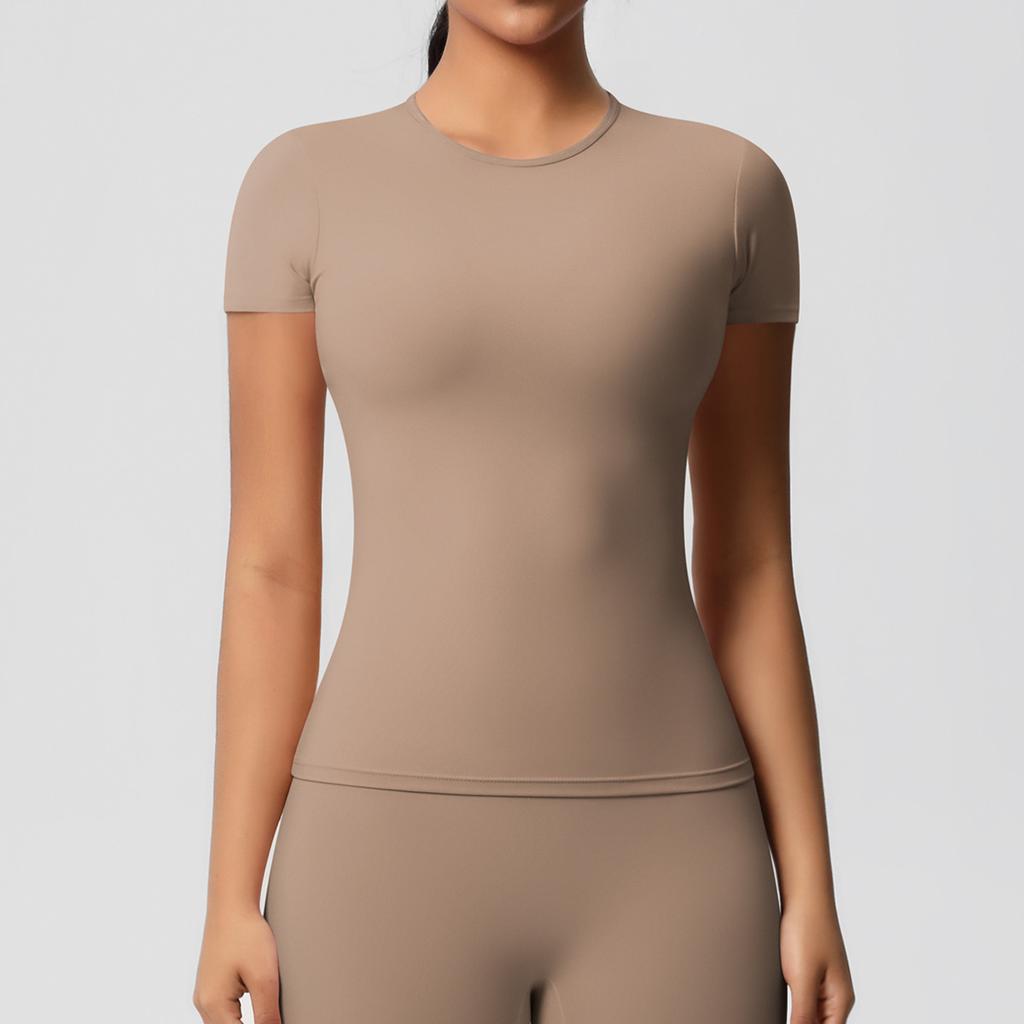 Solid color double-sided abraded tight sports short-sleeved T-shirt sports running fitness yoga clothes top women