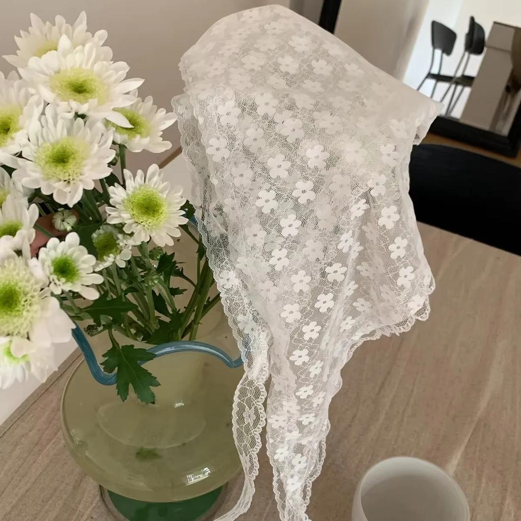 White sweet lace flower scarf elegant feminine headband thin breathable artistic style travel accessory