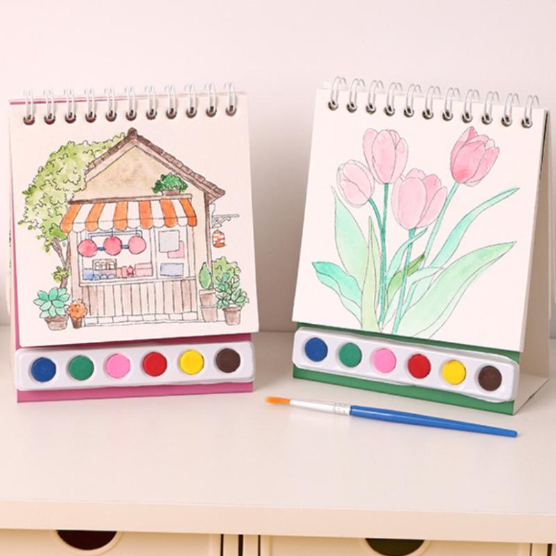 1 Set Desktop Ornament Coil Vertical Watercolor Painting Diy Watercolor Graffiti Book With Built-In Paint Coloring Picture Book