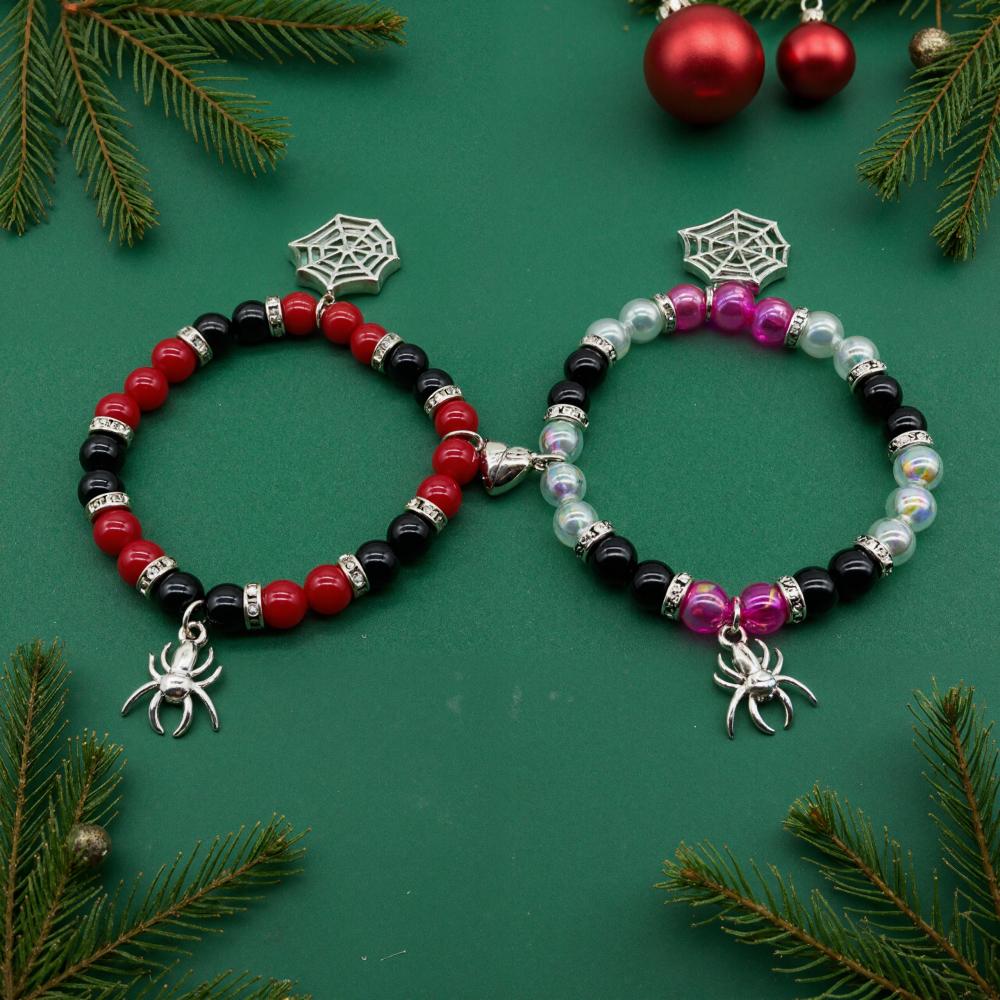 2Pcs Spider web Halloween Bat Handmade Bead Bracelets BFF Bracelets Couple Bracelets Gift for Family
