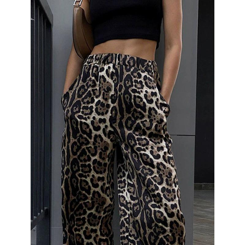 Women Leopard Print High Waist Wide Leg Loose Casual Floor Length Long Pants