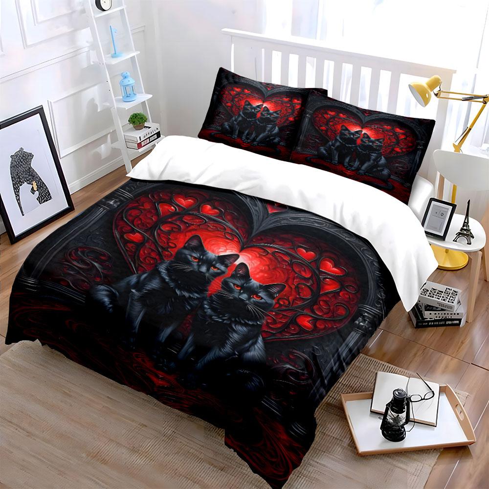 Black Cats with Gothic Hearts Bedding Duvet Cover Set (1*Duvet Cover 2*Pillowcases, without duvet insert)