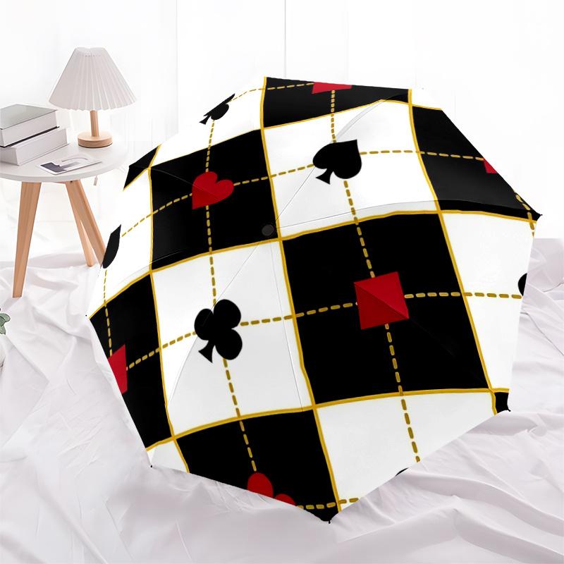 1pc Playing Cards Pattern Automatic Folding Umbrella - Compact 8-Rib Design, Durable Plastic & Iron, Festive Gift, Compact Umbrellan037
