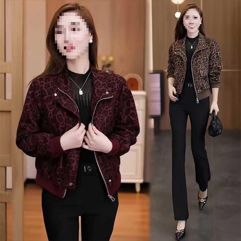 Damen Leopard Print Schlankmachende Lässige Jacke - Herbst/Winter Petite Samtmantel.