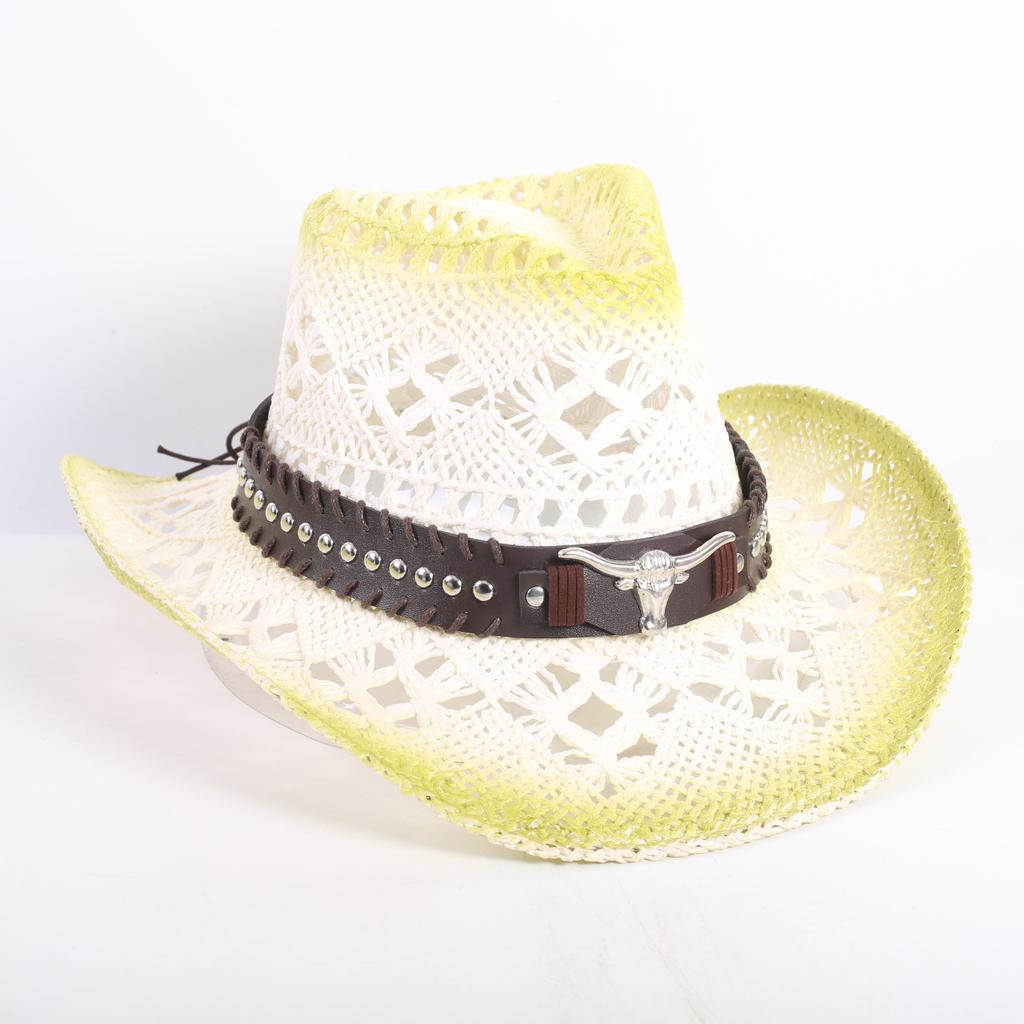 Popular European and American Fashion Hollow Woven Hat Straw Hat Men's and Women's Classic Outdoor Western Denim Straw Hat