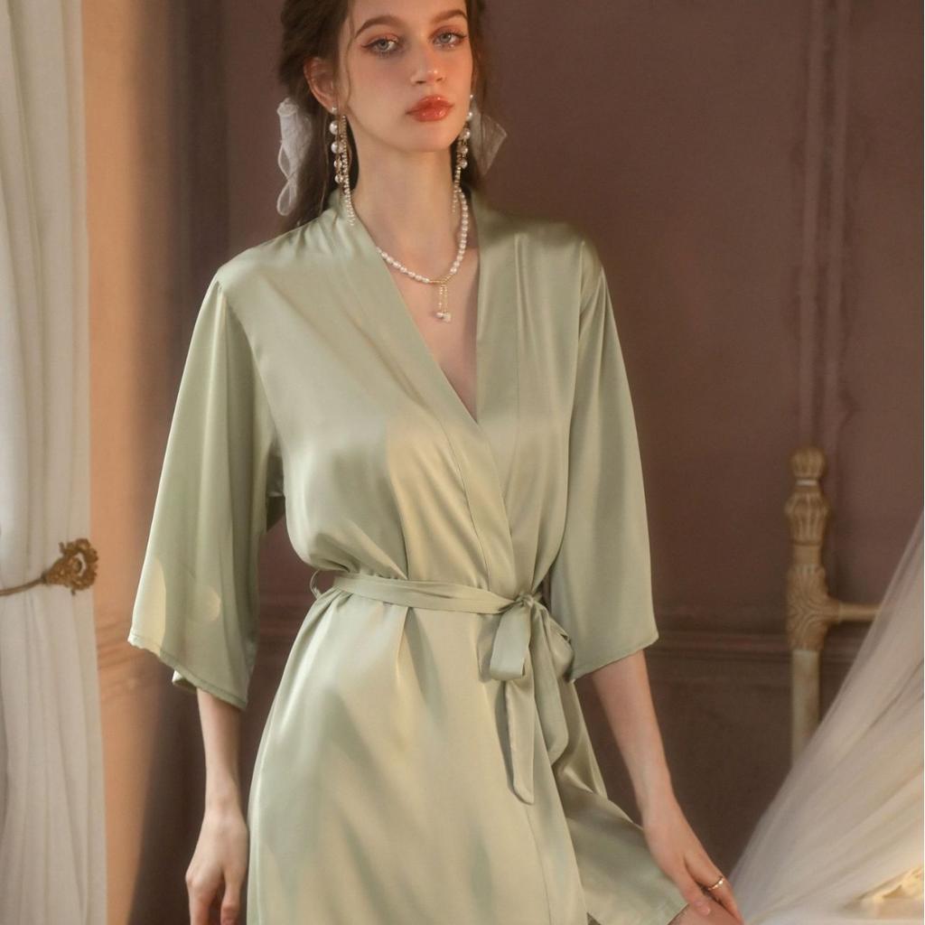 Spring and Summer New Women's Summer Loose Large Size Wedding Morning Robe Casual Single Nightgown Silk Bathrobe Robe