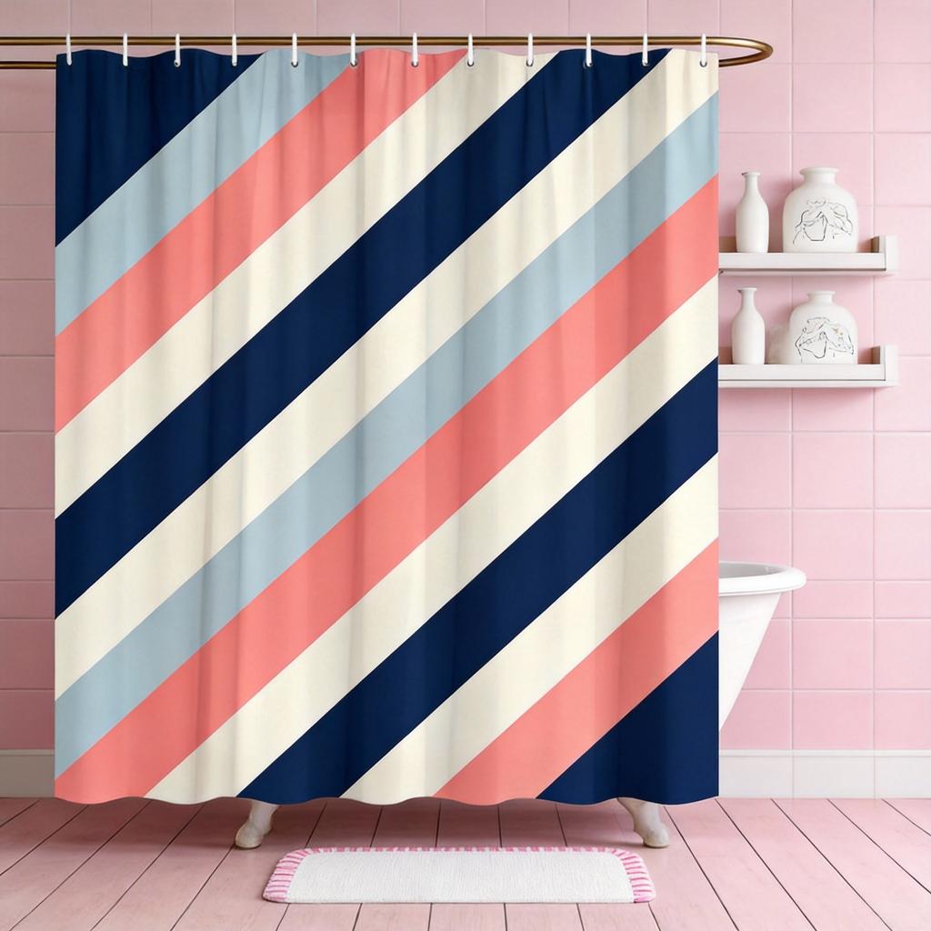 Color Block Plaid Shower Curtain Navy, Coral & Beige Grid Design, Modern Minimalist Pattern for Contemporary Bathroom Decor