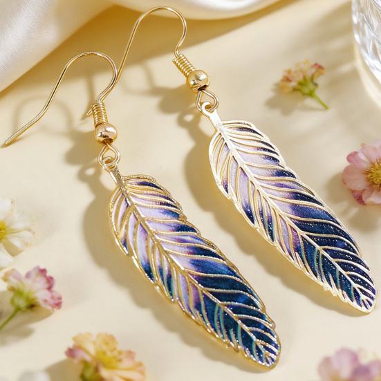 1 Pair Hook Earrings Retro Style Gradient Color Enamel Technology Gold-Plated Edges Feather Shape Drop