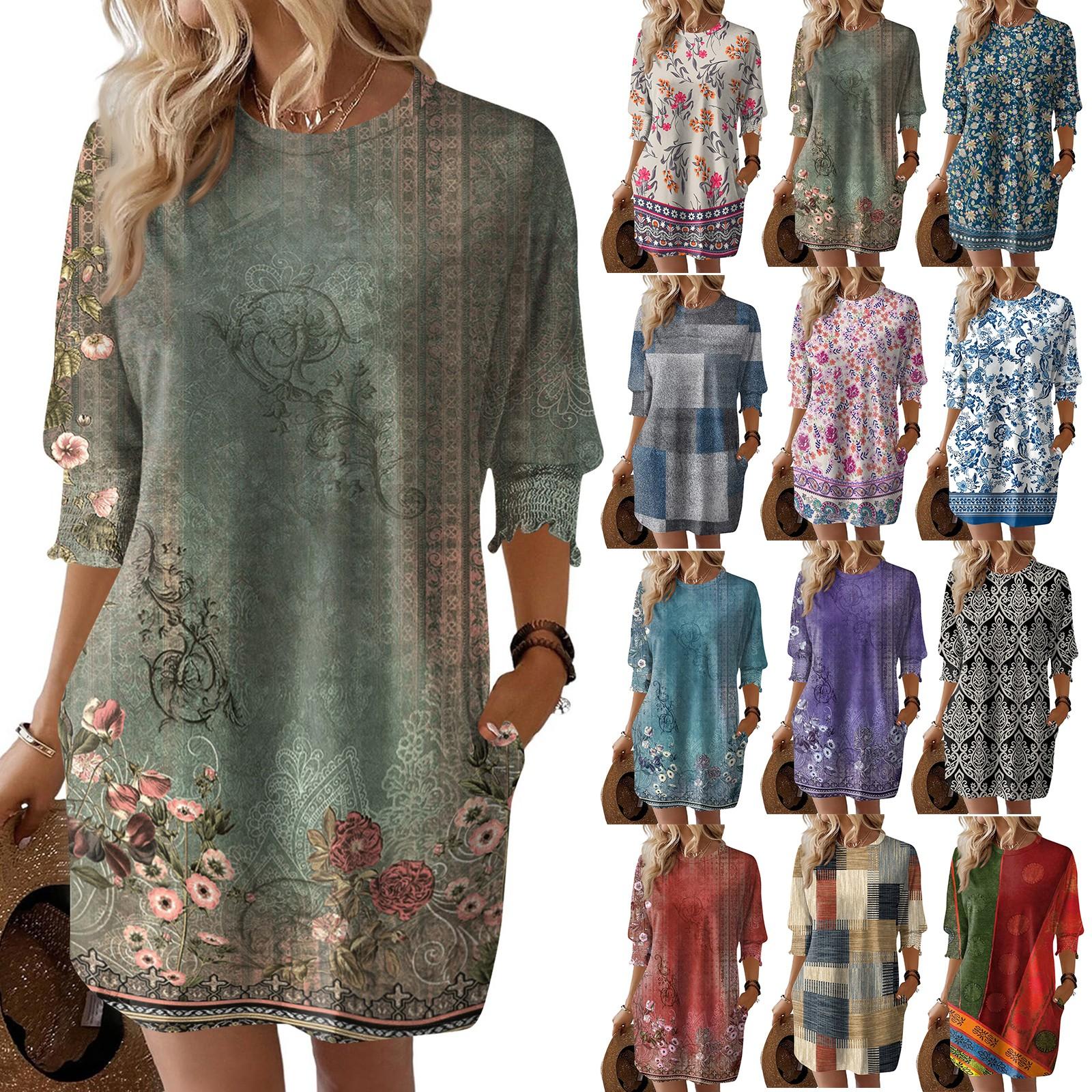 

Women s Fashionable Retro Printing Loose Dress S зелений