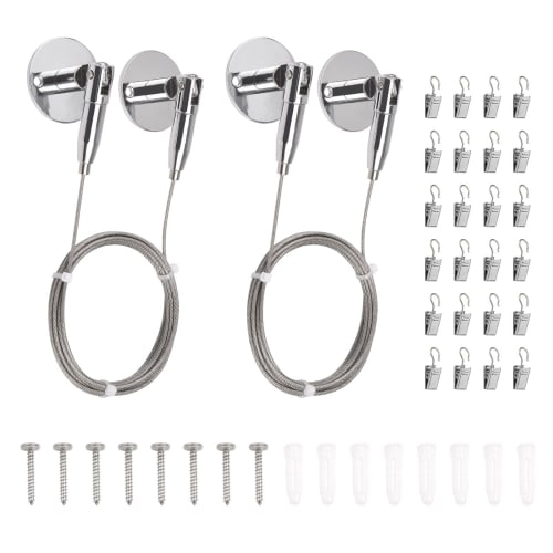 UFURMATE Clothes Drying Kit, 2-Piece Set Stainless Steel Curtain Drapery Wire Wall Mounted Photo Hanging Rope Silver Tension Wire Kit with 24 Hook Cli