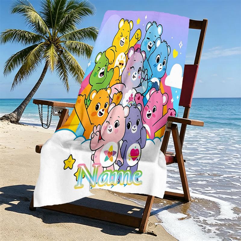 Custom Name Personalized Care Bears Print Beach Towel, for Trip Camping Beach Party Home Decor, Birthday Gift for Family & Friends