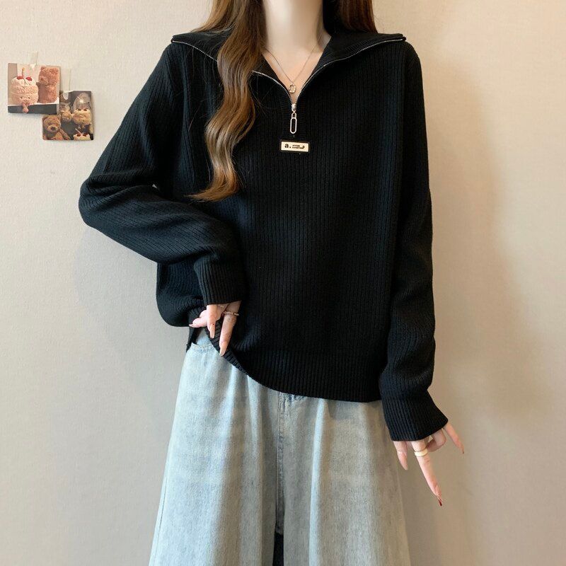

Plus Size Women s Belly Covering Half Zipper Sweater Knitwear Women s Fall and Winter Fat Sister Loose Slimming Long Sleeves Bottoming Shirt Black L [Recommendation 50-60kg]