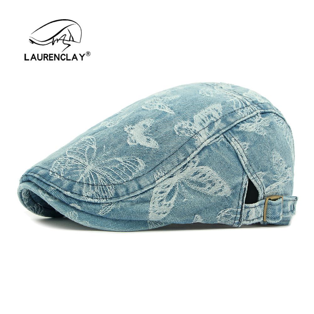 Washed Denim Beret Women's British Retro Forward Hat Casual Sun Protection Visor Hat Jacquard Butterfly Cap
