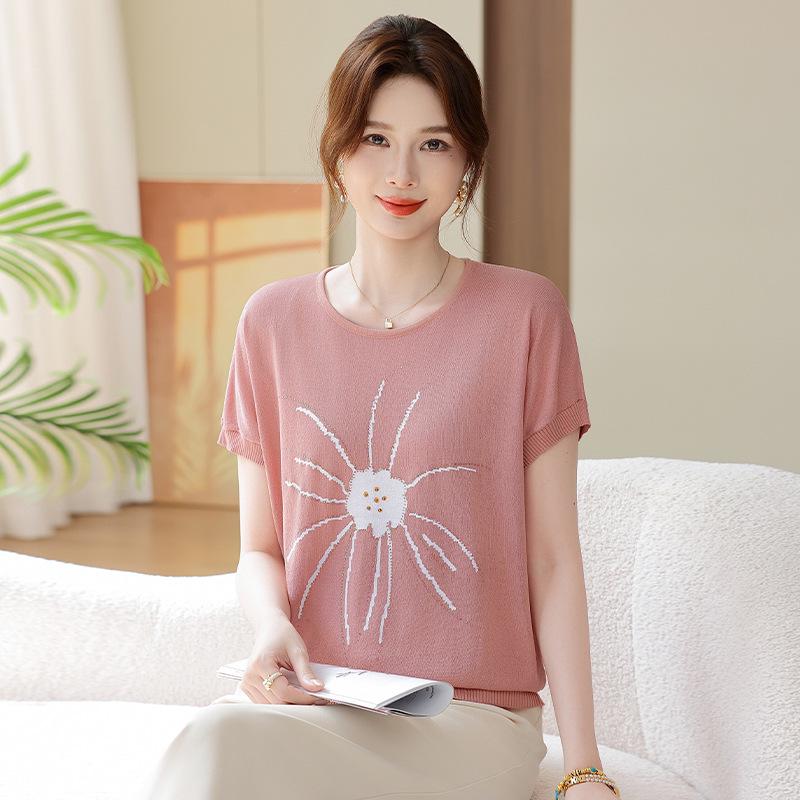 

Mom s Summer Chic Ice Silk Short Sleeve Knit Top for Middle-Aged & Elderly Women 2XL (recommended 55-60 kg) рожевий/помаранчевий