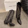 Luxury Embroidery Pointed Toe Western Cowboy Boots Women Winter V Pants Tube Long Boots for Women Chunky Heels High Knight Boots