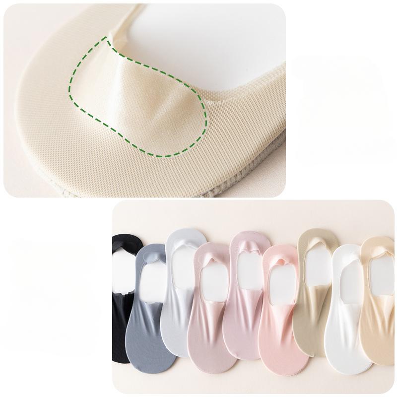 5 Pairs Women's Summer Thin Ice Silk Mesh Socks Cotton Base Solid Color Invisible Sweat Absorbent Non-slip No Heel Drop