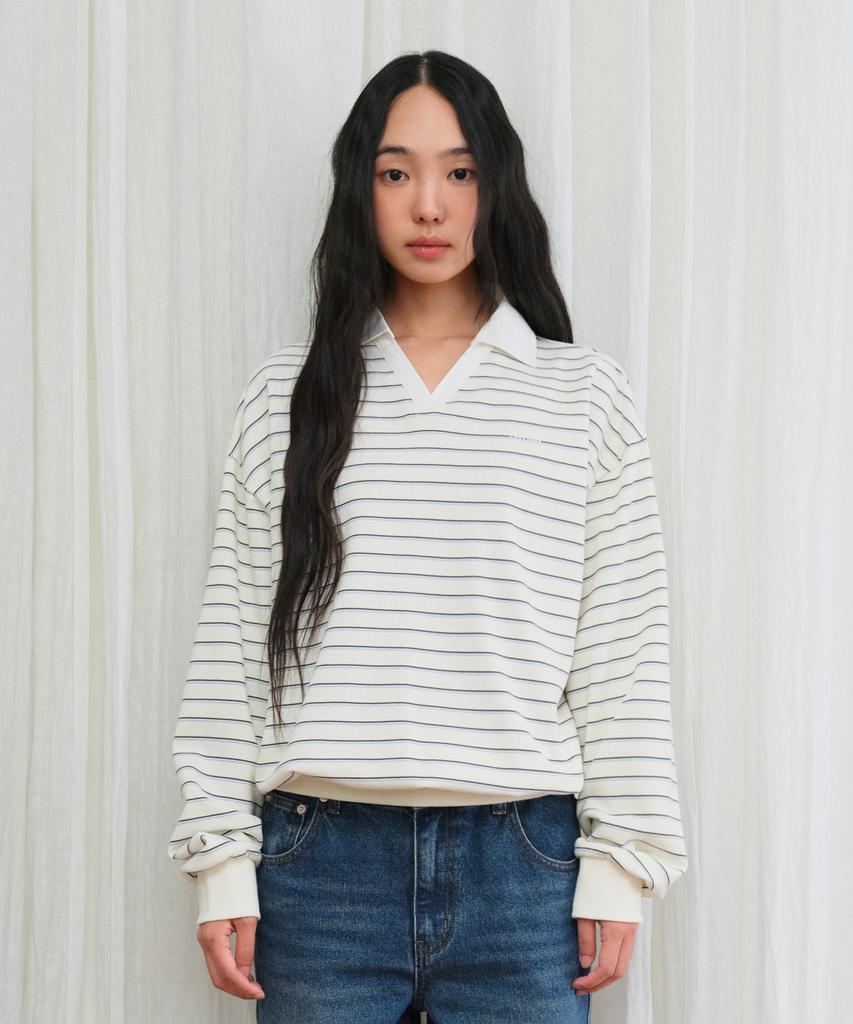 AMES-WORLDWIDE V Neck Collar Stripe Sweatshirt Ivory