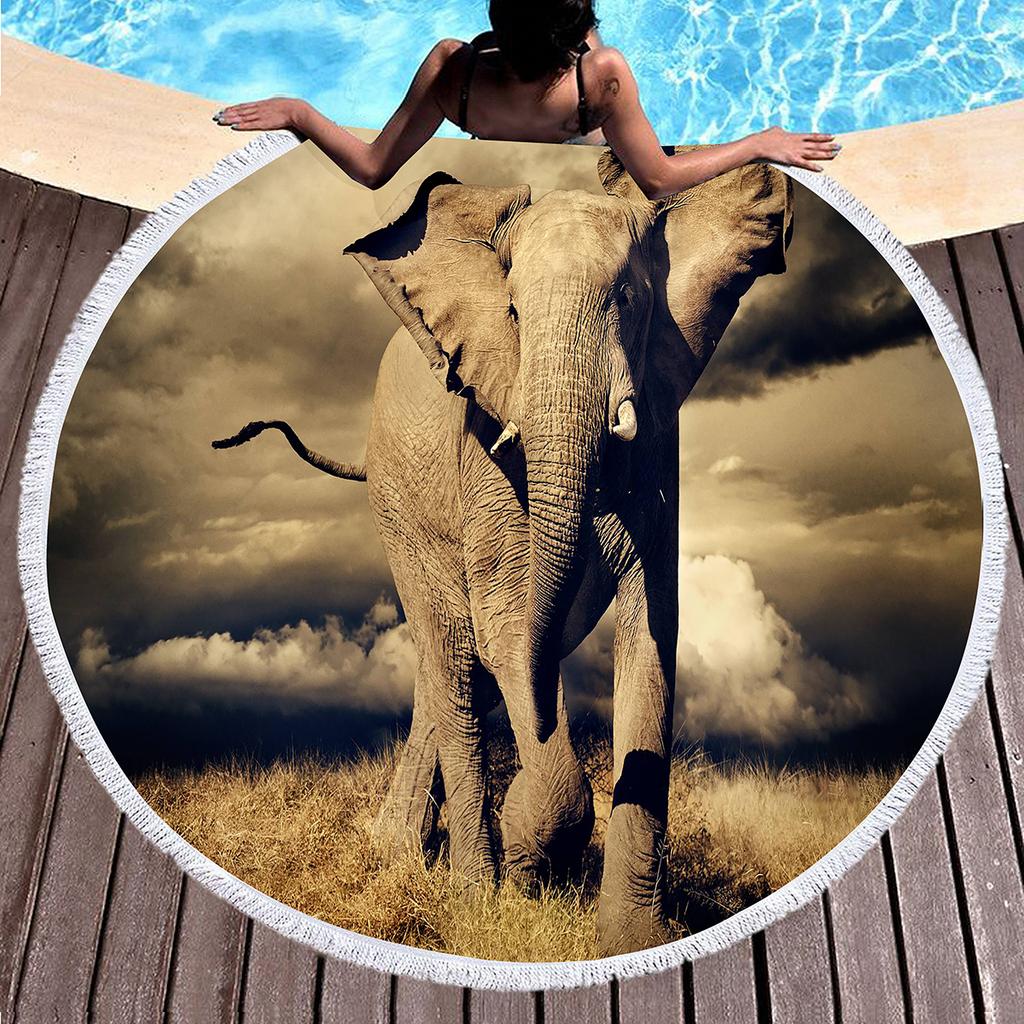 Wild Animal Elephant Round Beach Towel with Tassels Microfiber Soft Absorbent Quick Dry Sand Proof Towel For Picnic Camping Yoga