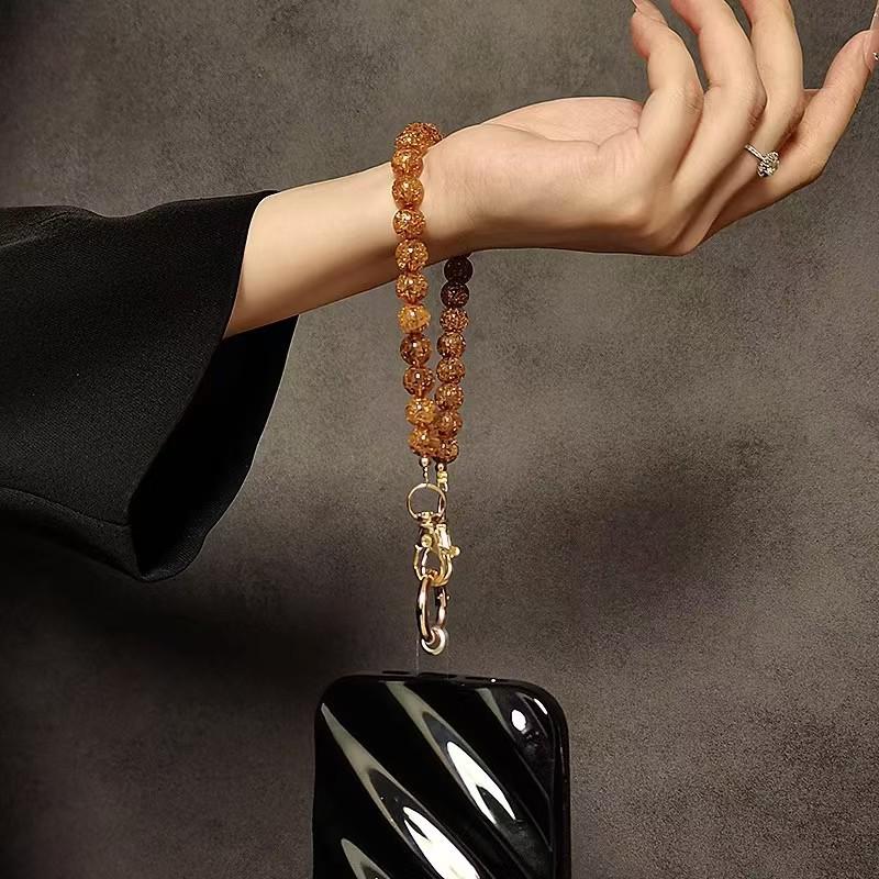 Amber Cracked Bead Phone Chain with Handmade Short Lanyard and Bag Charm