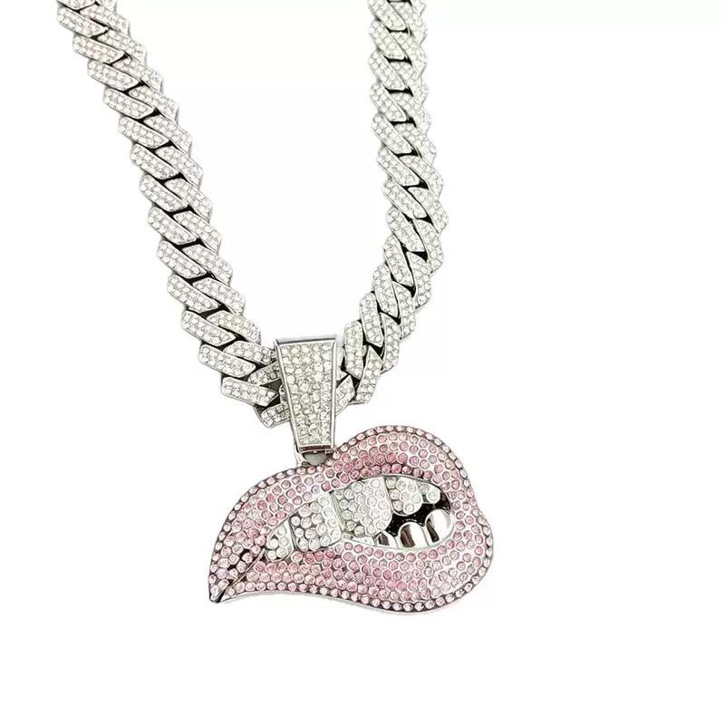 Colorful Diamond Biting Lips Pendant Necklace – Creative Hip Hop Cuban Chain