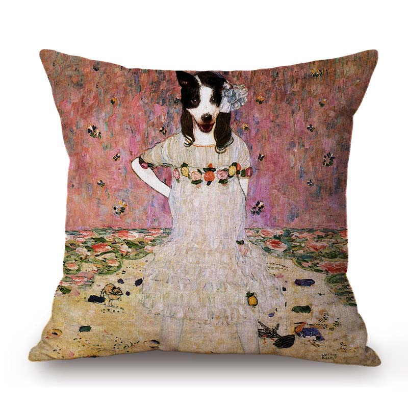 Nouveau Art Gustav Klimt Style Cute Dog Funny Lovely Gold Color Home Decoration Sofa Pillow Case Cotton Linen Cushion Cover