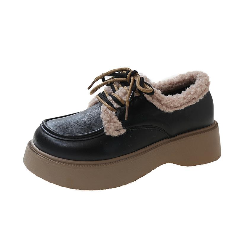 Winter new velvet thickened small cotton shoes retro thick-soled warm single shoes with skirts to increase the height of British style small leather 