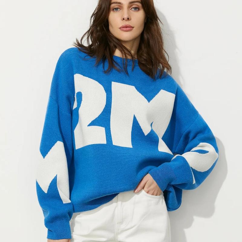 Women Winter Oversize Letter Sweater Women Crewneck Casual Knitted Loose Pullovers with Letter Green Sweater