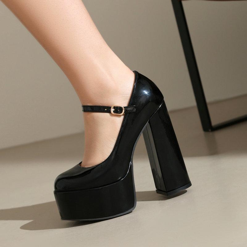 One-word women's high heels patent leather round head waterproof platform thick-soled thick heel super high heel Mary Jane women's single shoes high