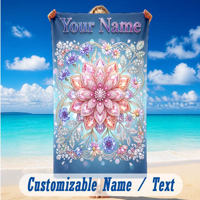 Floral Garden Theme Beach Towel Personalized Custom Name & Text Soft Quick Dry Beach Towel for Swimming Travel